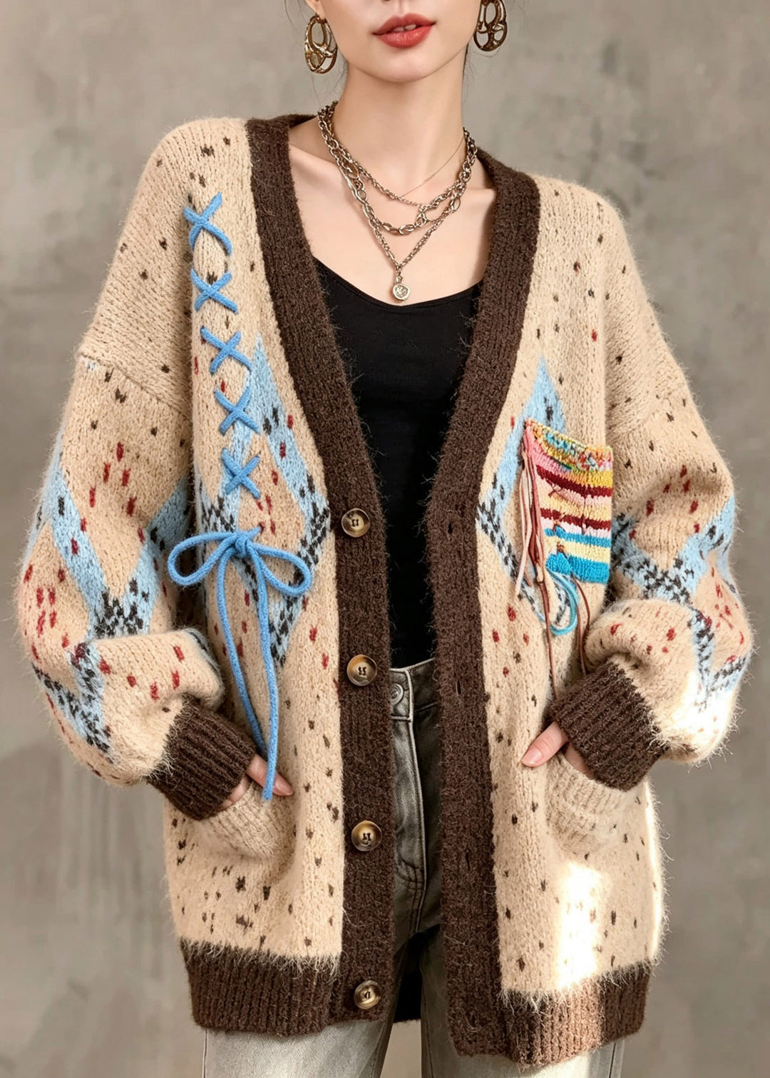 French Khaki Print Tie Lace Cotton Knit Cardigan Fall