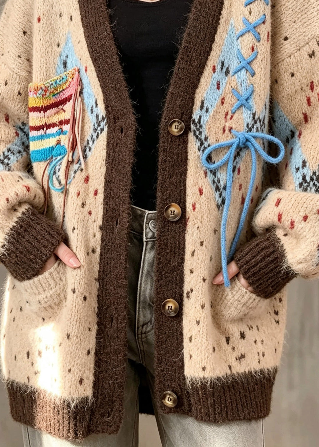 French Khaki Print Tie Lace Cotton Knit Cardigan Fall