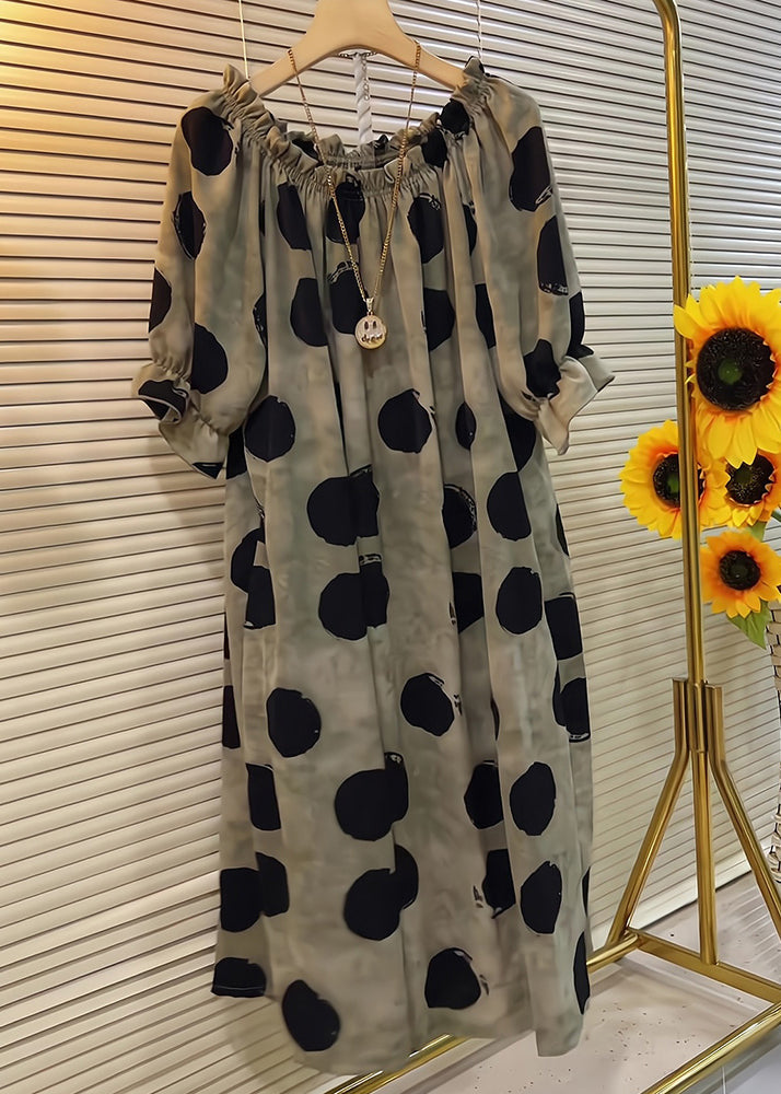 French Khaki Ruffled Dot Cotton Dress Butterfly Sleeve