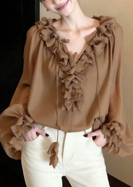 French Khaki Ruffled Lace Up Chiffon Shirts Spring