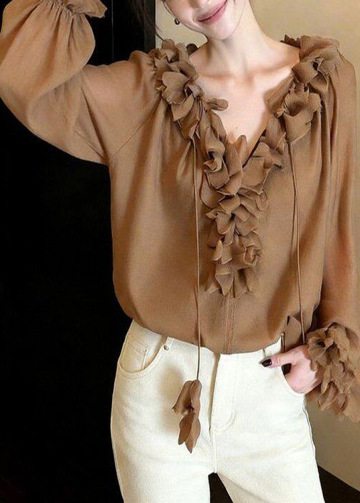 French Khaki Ruffled Lace Up Chiffon Shirts Spring