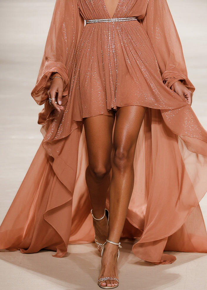 French Khaki Sequins Exra Large Hem Tulle Dress Cardigans Summer