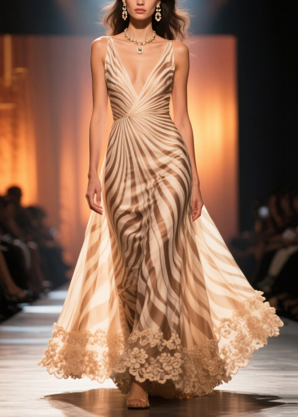 French Khaki Striped Exra Large Hem Chiffon Evening Dress Summer