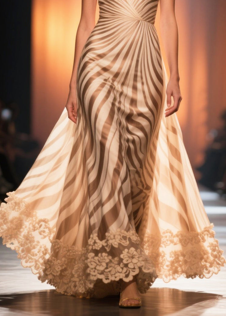 French Khaki Striped Exra Large Hem Chiffon Evening Dress Summer