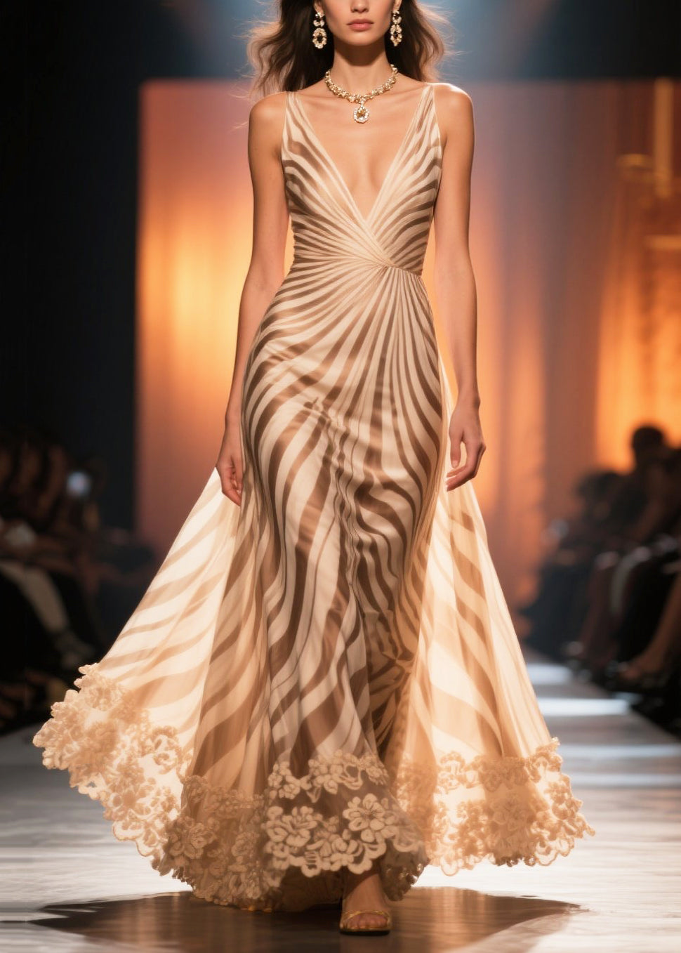French Khaki Striped Exra Large Hem Chiffon Evening Dress Summer
