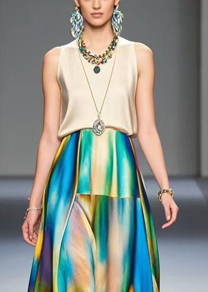French Khaki Tie Dye Draping Silk Party Dresses Sleeveless
