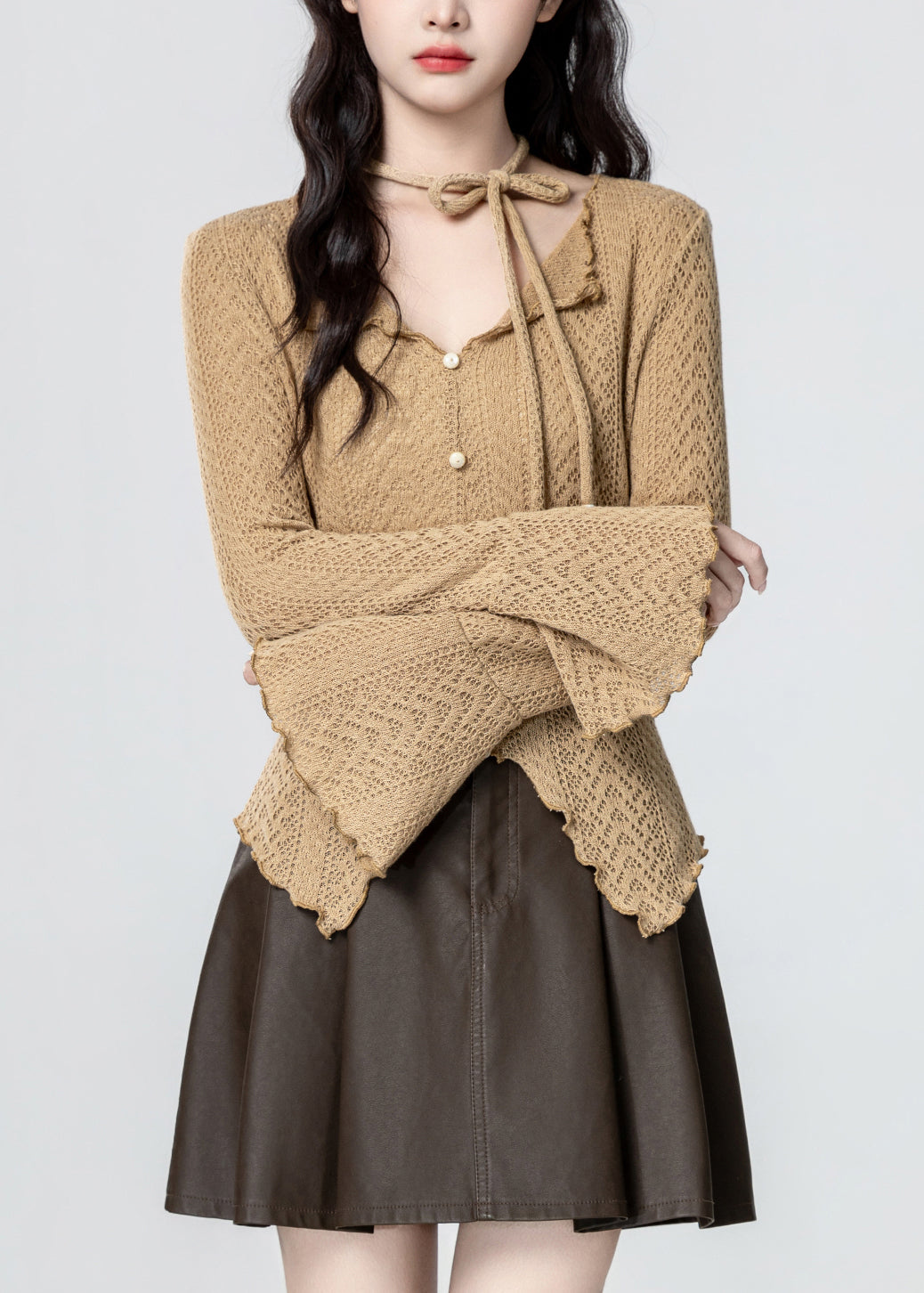 French Khaki V Neck Asymmetrical Design Knit Top Spring