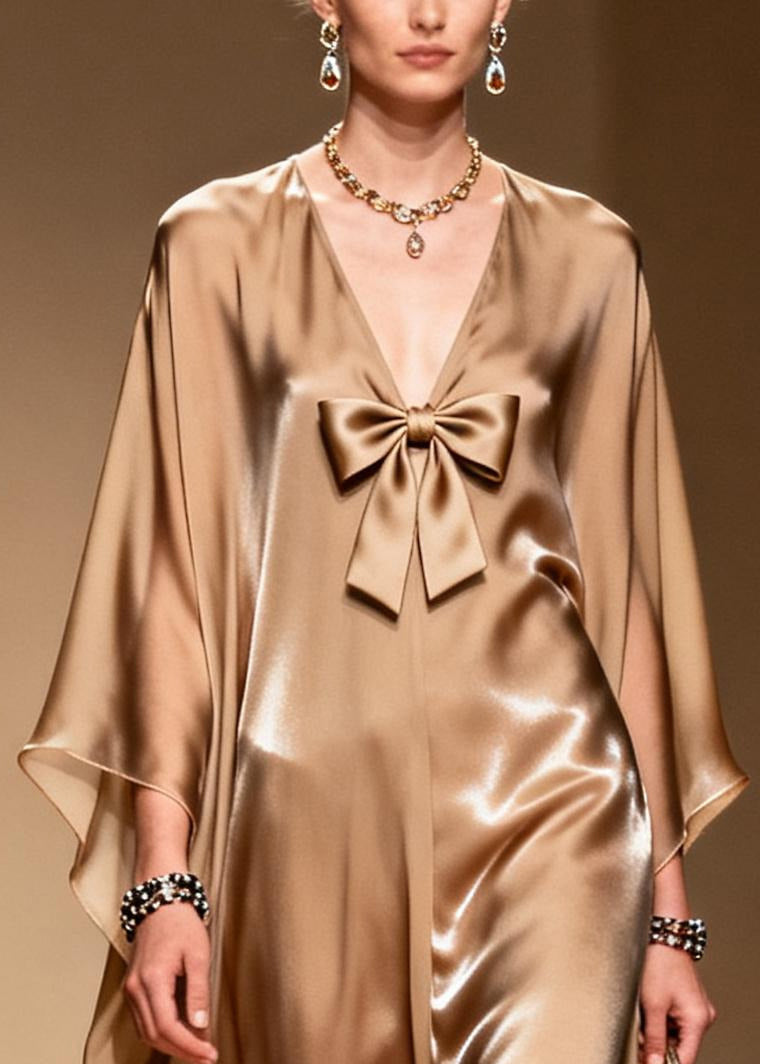 French Khaki V Neck Bow Chiffon Maxi Dress Summer