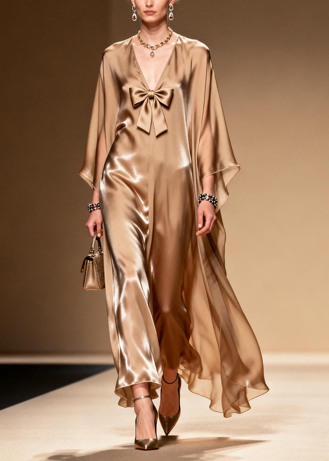 French Khaki V Neck Bow Chiffon Maxi Dress Summer