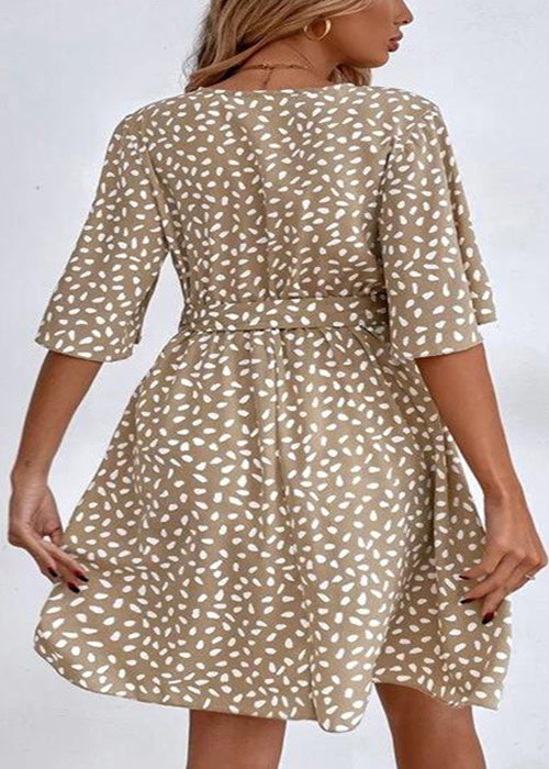 French Khaki V Neck Print Tie Waist Cotton Mid Dress Summer