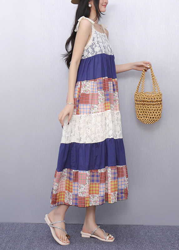 French Lace Patchwork Long Spaghetti Strap Dress Summer