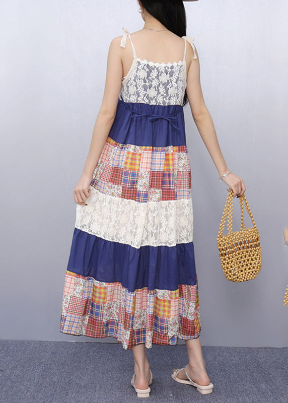 French Lace Patchwork Long Spaghetti Strap Dress Summer
