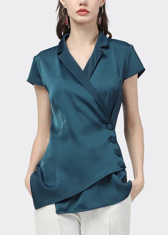French Lake Blue Notched Asymmetrical Button Shirt Short Sleeve