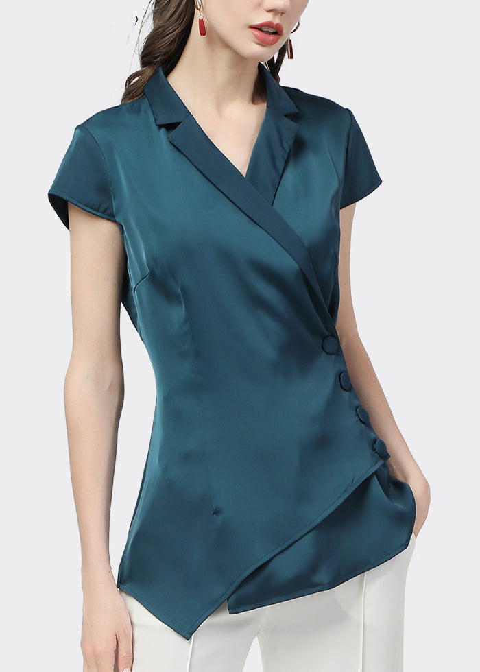 French Lake Blue Notched Asymmetrical Button Shirt Short Sleeve