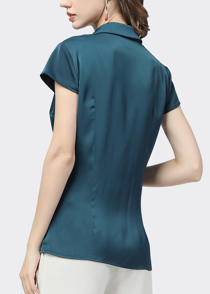 French Lake Blue Notched Asymmetrical Button Shirt Short Sleeve