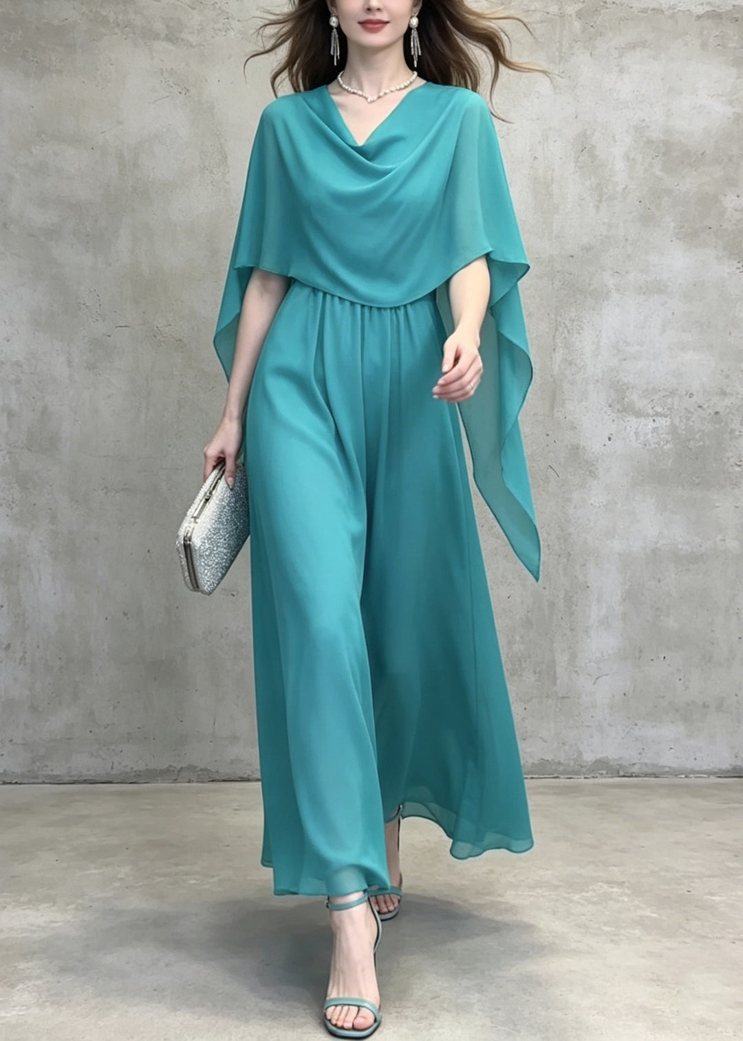 French Lake Blue Patchwork Chiffon Long Dress Summer