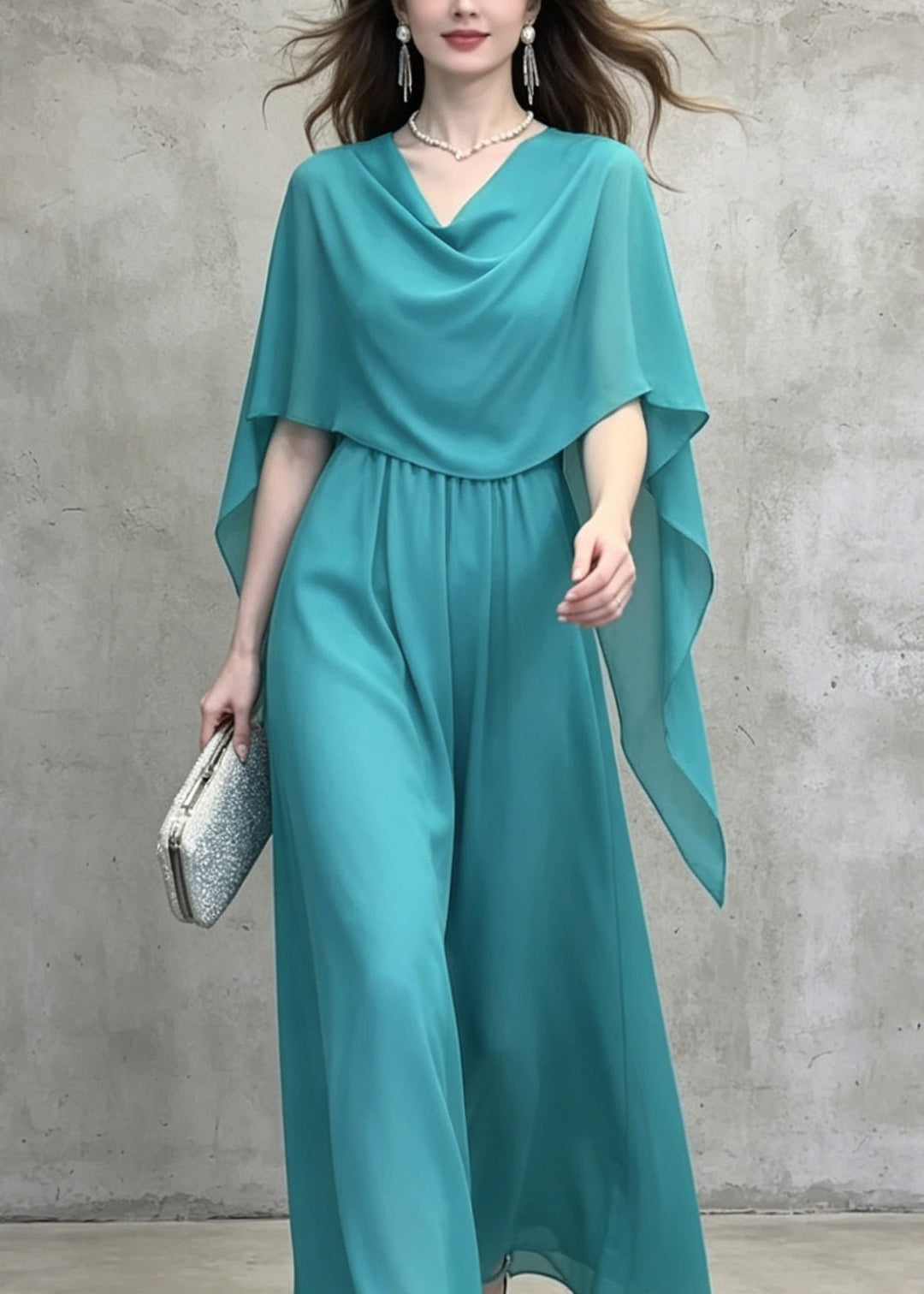 French Lake Blue Patchwork Chiffon Long Dress Summer