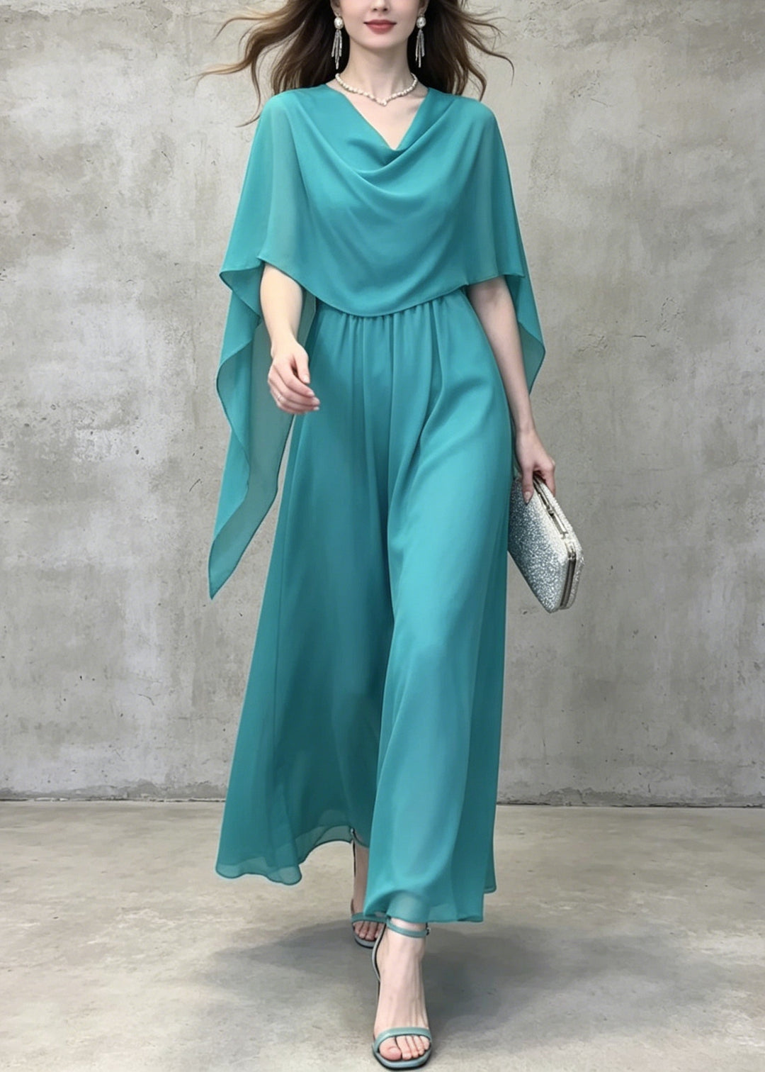 French Lake Blue Patchwork Chiffon Long Dress Summer