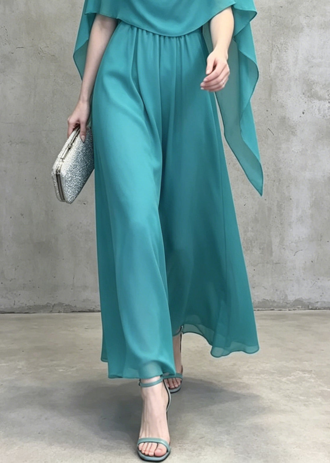 French Lake Blue Patchwork Chiffon Long Dress Summer