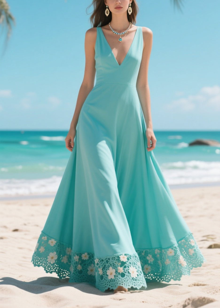 French Lake Blue Patchwork Flower Chiffon Long Dress Summer