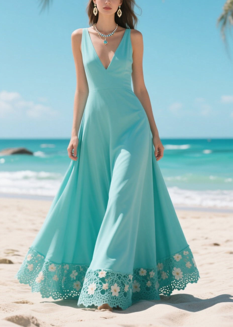 French Lake Blue Patchwork Flower Chiffon Long Dress Summer