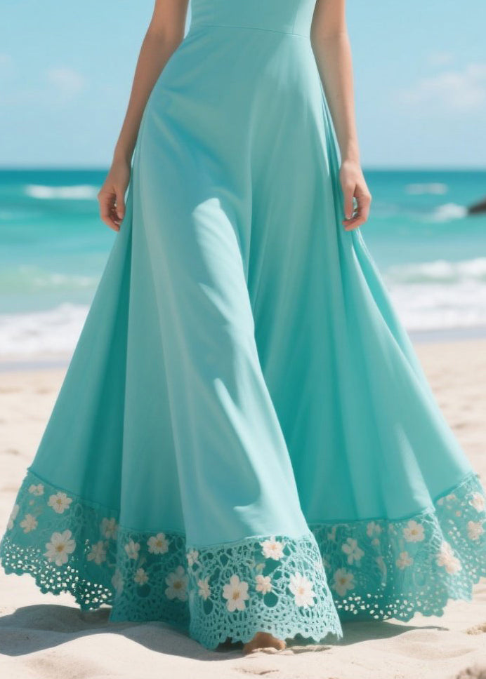 French Lake Blue Patchwork Flower Chiffon Long Dress Summer