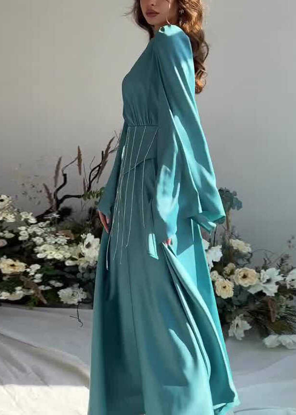French Lake Blue Tassel Lace Up Silk Long Dress Fall