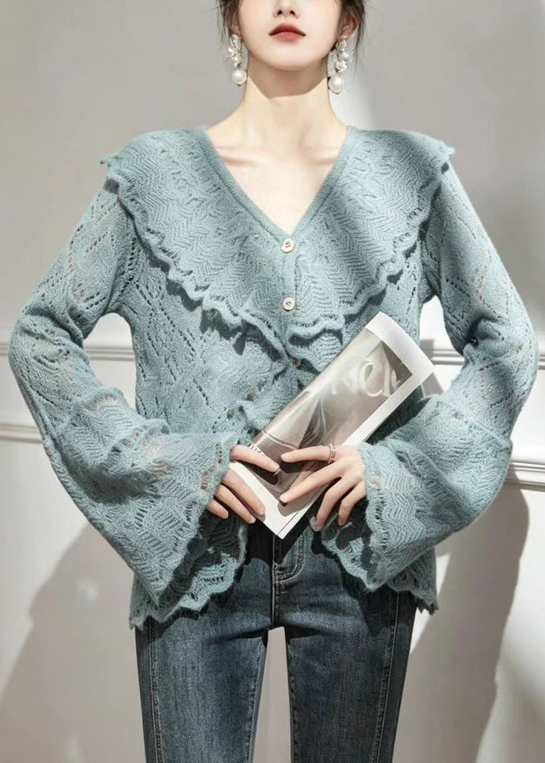 French Lake Blue V Neck Ruffled Knit Cardigan Flare Sleeve