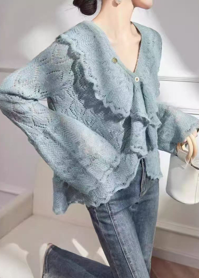 French Lake Blue V Neck Ruffled Knit Cardigan Flare Sleeve