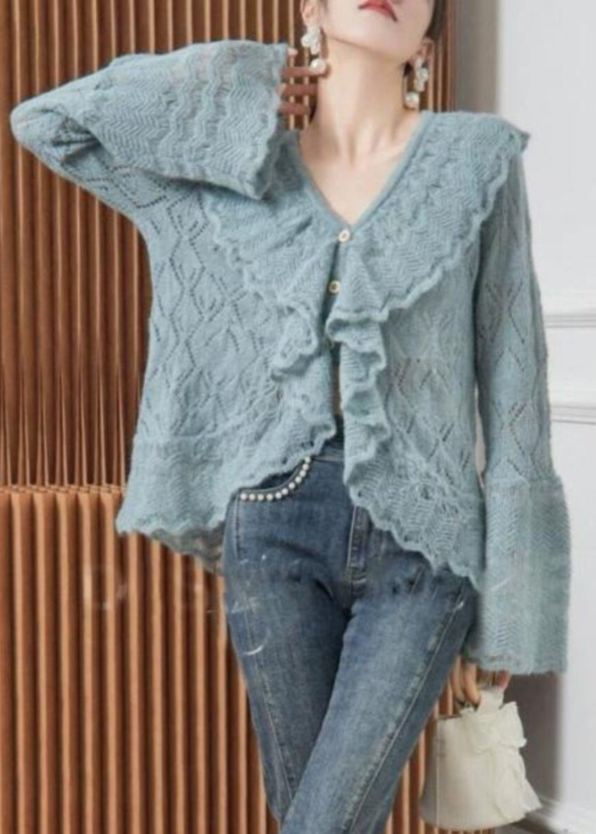 French Lake Blue V Neck Ruffled Knit Cardigan Flare Sleeve