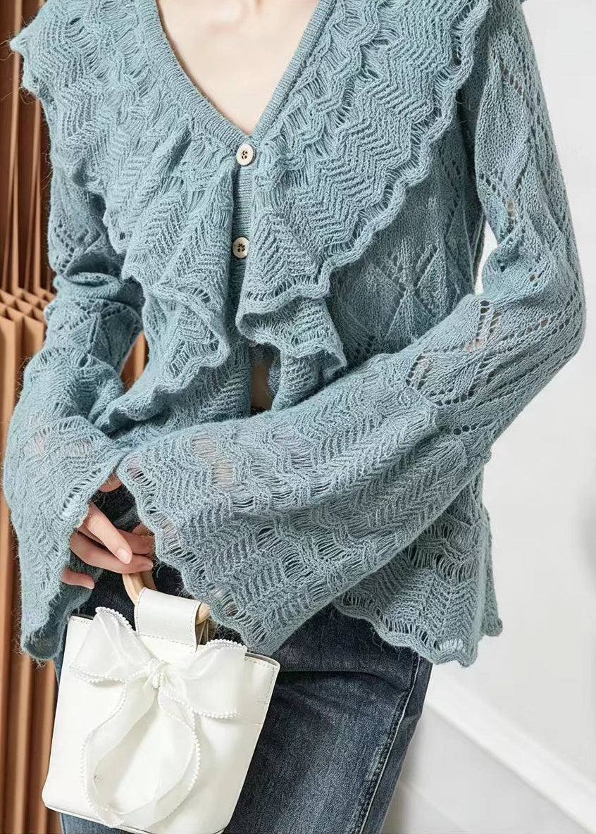 French Lake Blue V Neck Ruffled Knit Cardigan Flare Sleeve