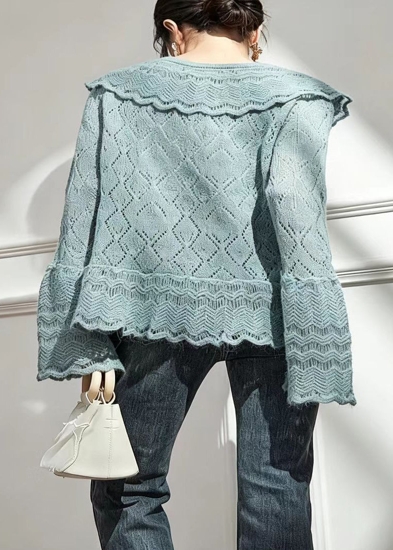 French Lake Blue V Neck Ruffled Knit Cardigan Flare Sleeve