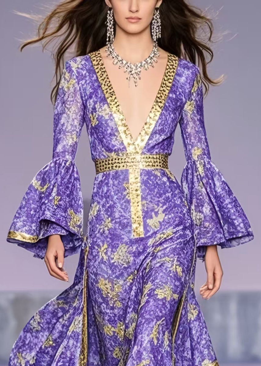 French Lavender Print Asymmetrical Exra Large Hem Party Dress Flare Sleeve