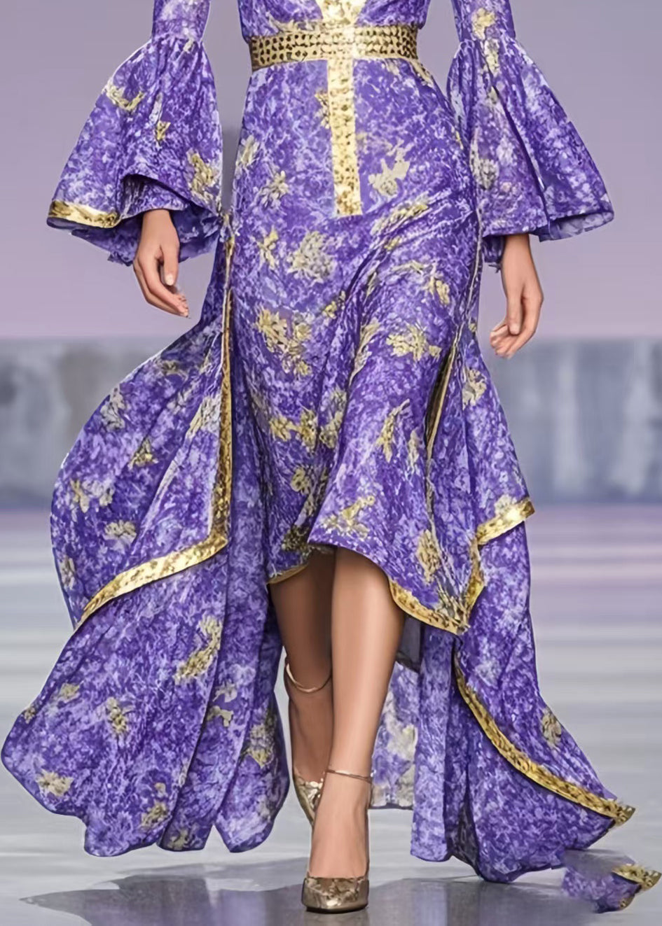 French Lavender Print Asymmetrical Exra Large Hem Party Dress Flare Sleeve