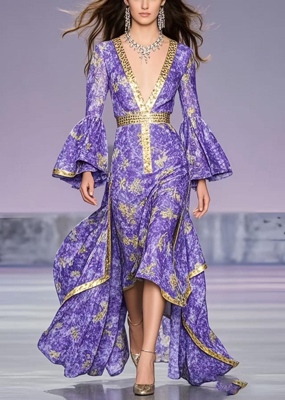 French Lavender Print Asymmetrical Exra Large Hem Party Dress Flare Sleeve