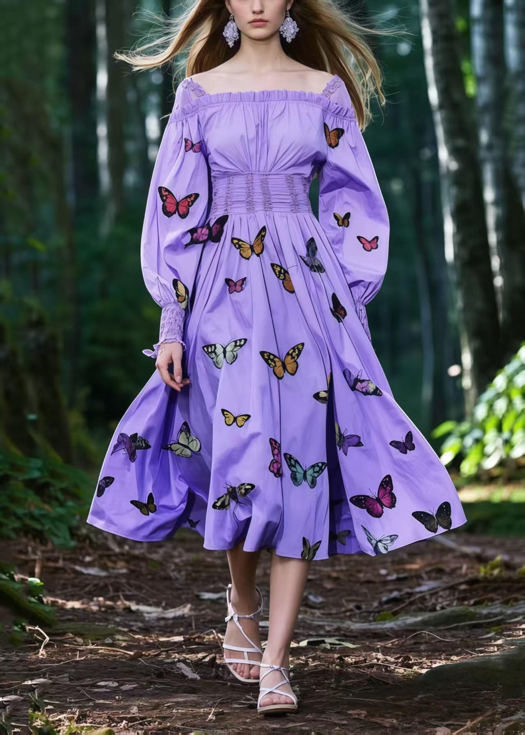 French Lavender Square Collar Butterfly Cotton Party Dresses Spring