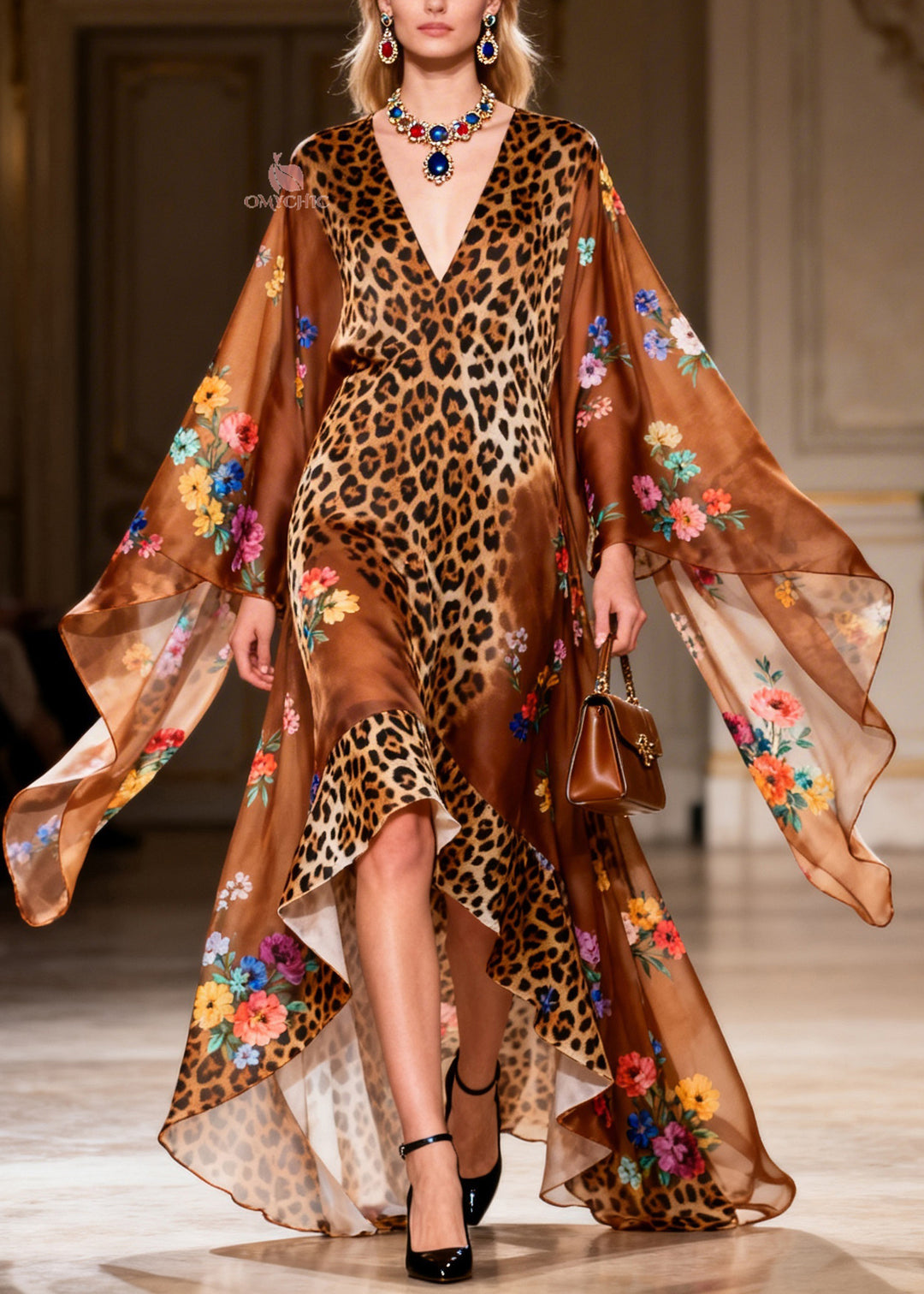 French Leopard Print V Neck Asymmetrical Design Patchwork Chiffon Dress Summer