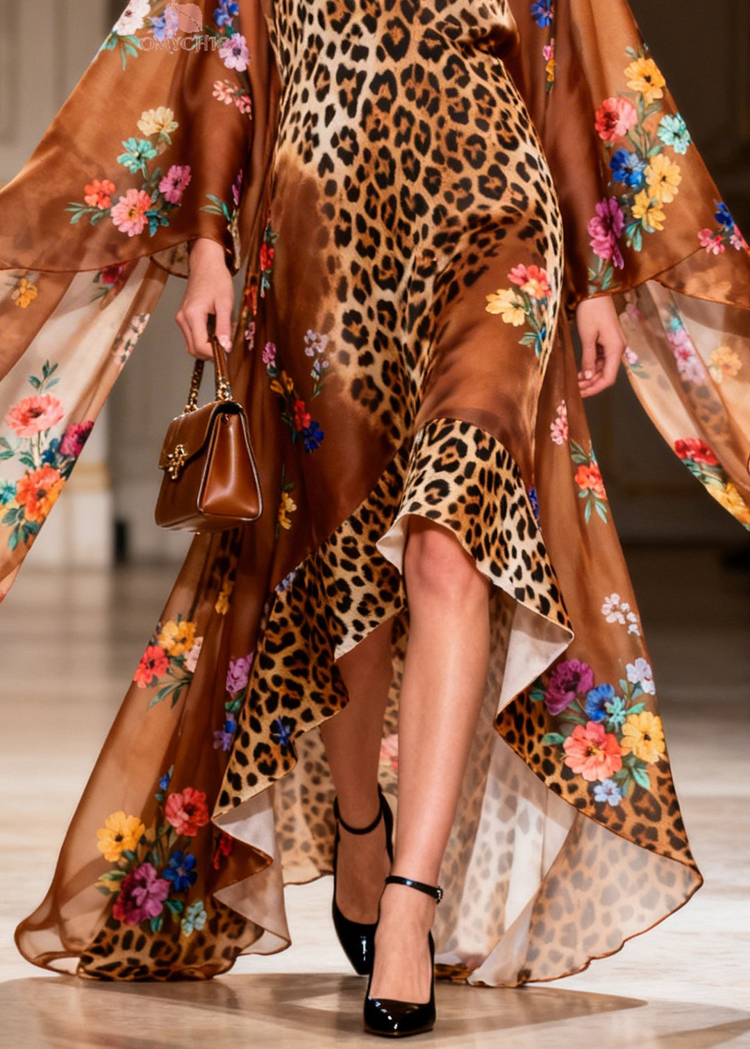 French Leopard Print V Neck Asymmetrical Design Patchwork Chiffon Dress Summer
