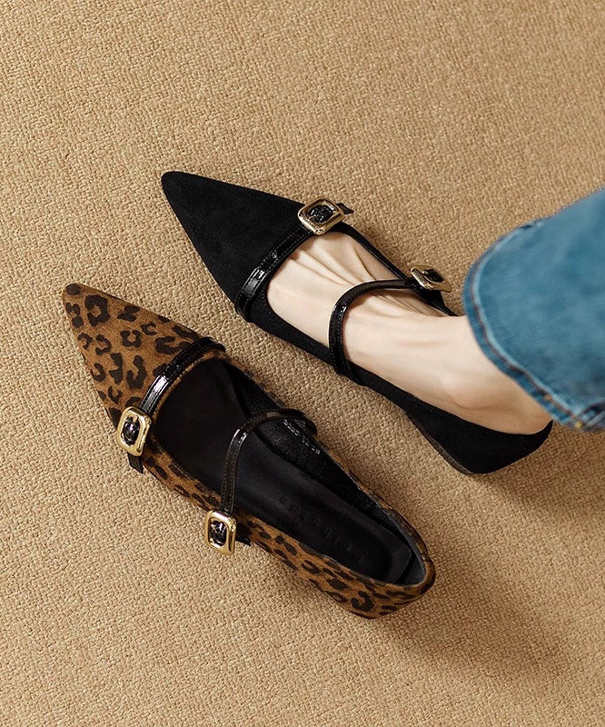 French Leopard Suede Flats Shoes Buckle Strap Pointed Toe