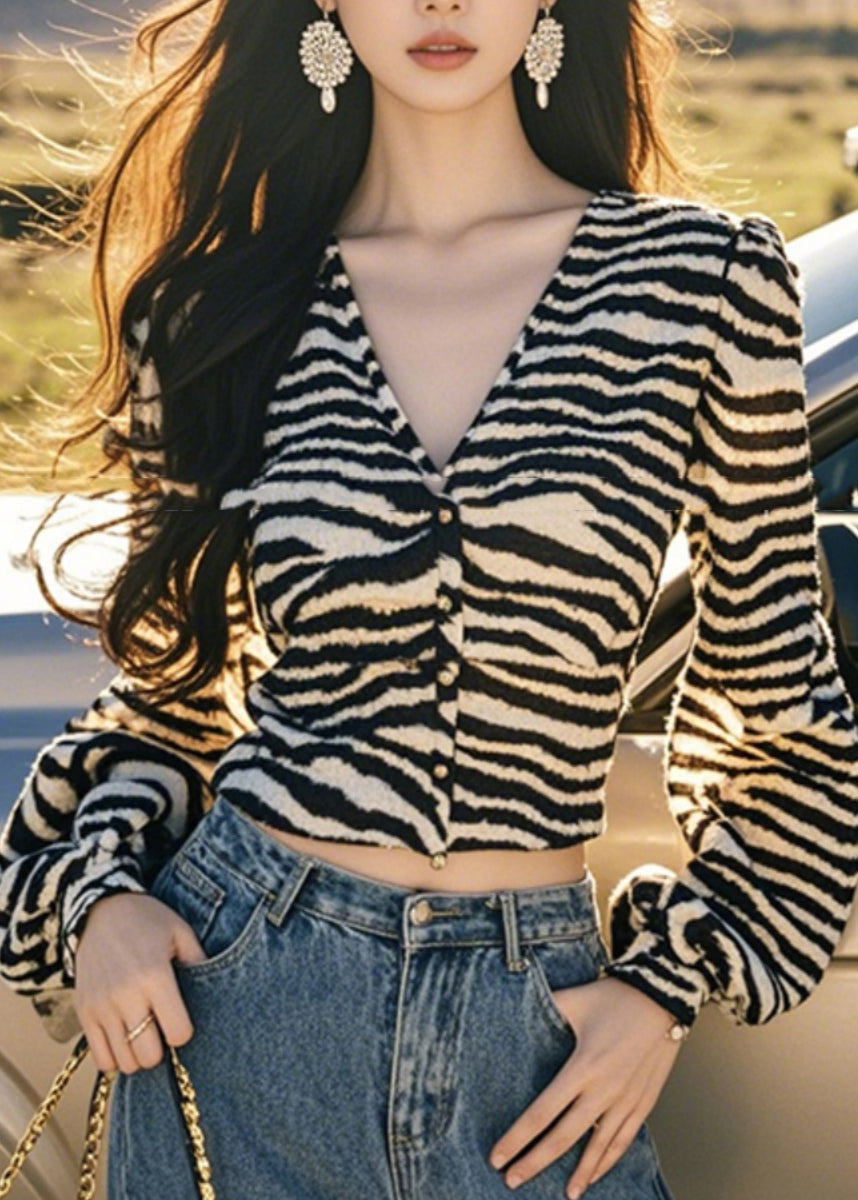 French Leopard V Neck Button Tops Lantern Sleeve