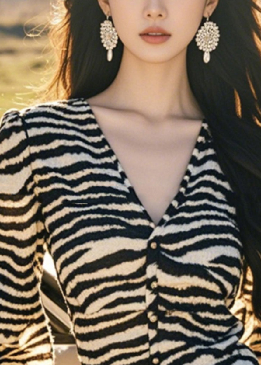 French Leopard V Neck Button Tops Lantern Sleeve