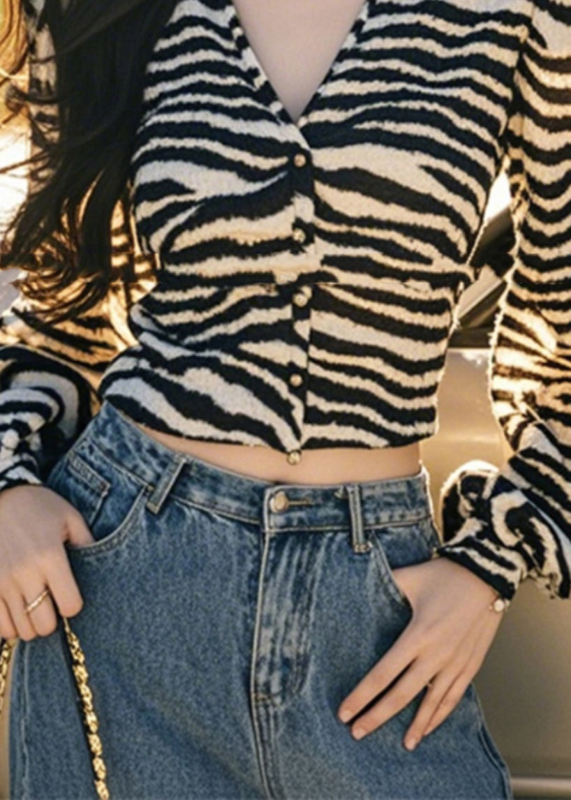 French Leopard V Neck Button Tops Lantern Sleeve