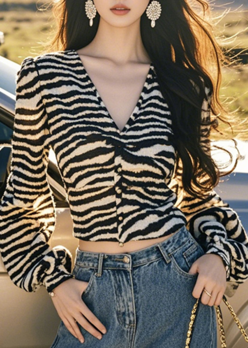French Leopard V Neck Button Tops Lantern Sleeve