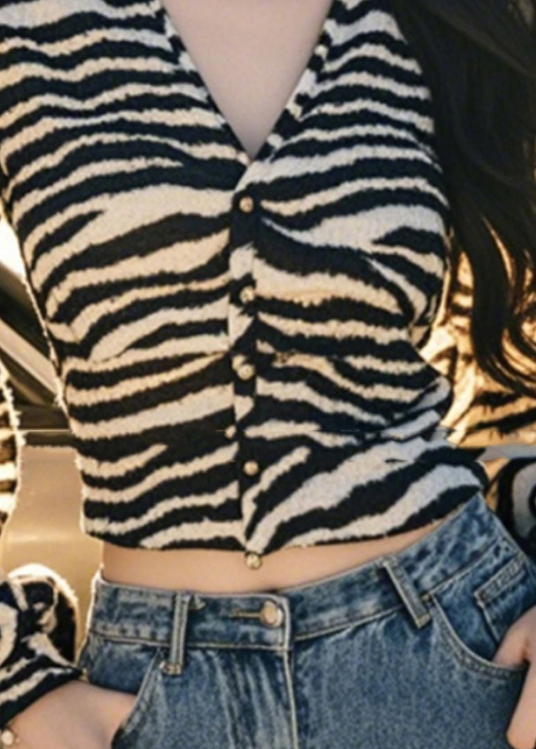 French Leopard V Neck Button Tops Lantern Sleeve