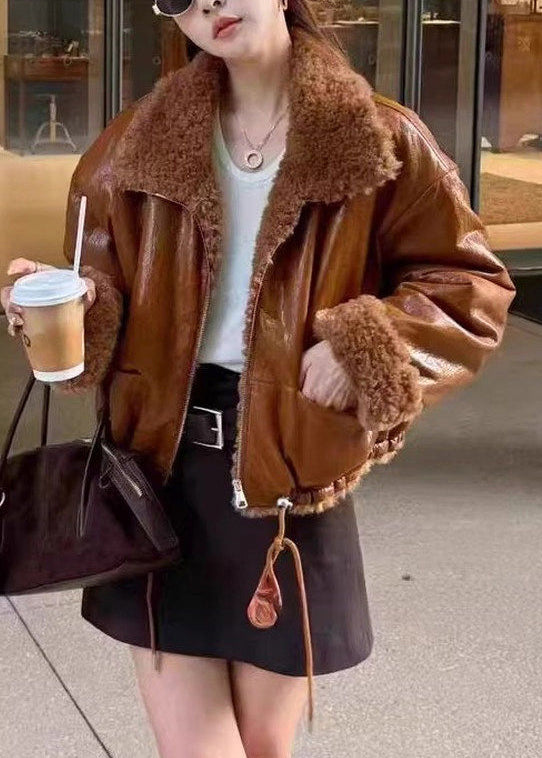 French Light Brown Zippered Drawstring Fuzzy Wool Lined Coat Winter