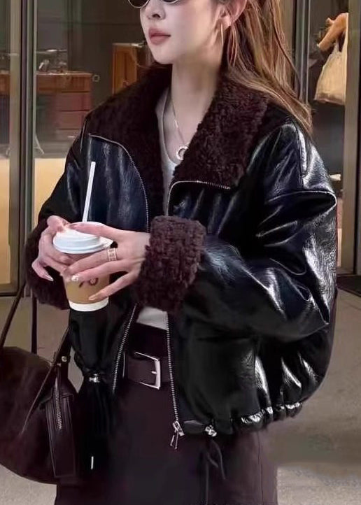 French Light Brown Zippered Drawstring Fuzzy Wool Lined Coat Winter