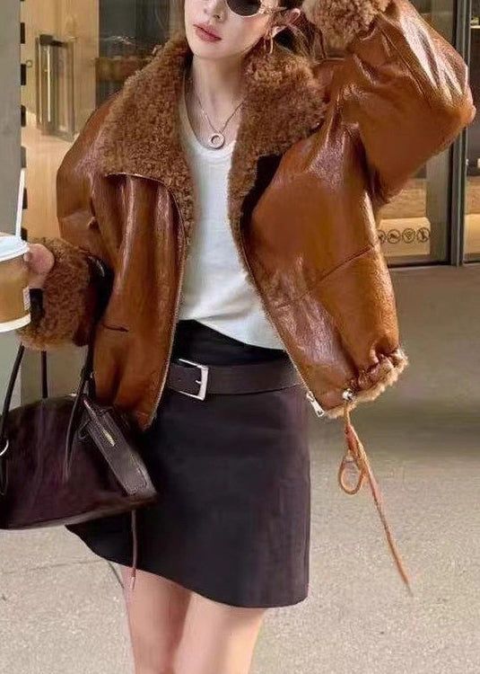 French Light Brown Zippered Drawstring Fuzzy Wool Lined Coat Winter