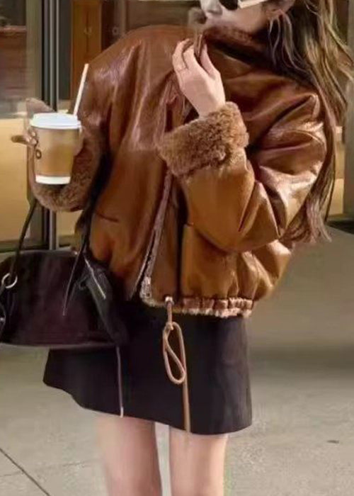 French Light Brown Zippered Drawstring Fuzzy Wool Lined Coat Winter