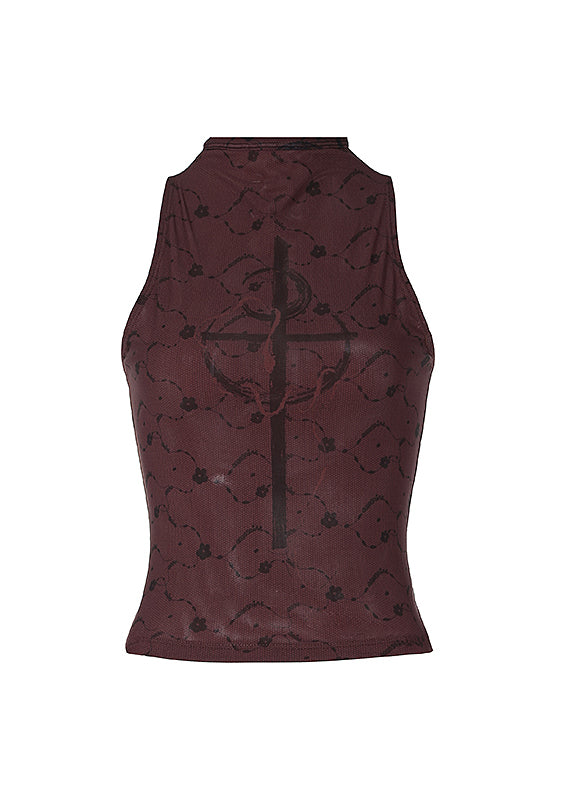 French Light Camel Half High Neck Print Tulle Tank Top Sleeveless