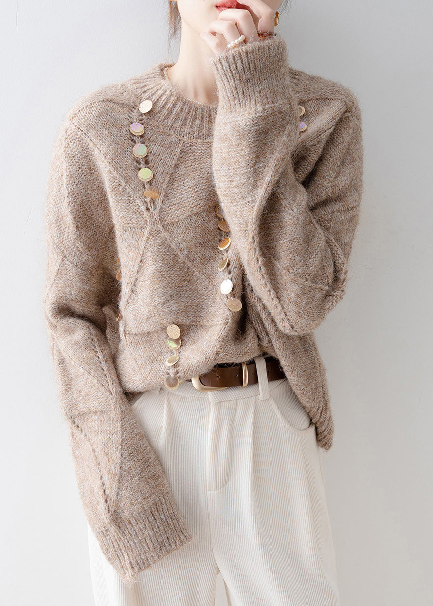French Light Camel O Neck Sequins Knit Sweater Spring